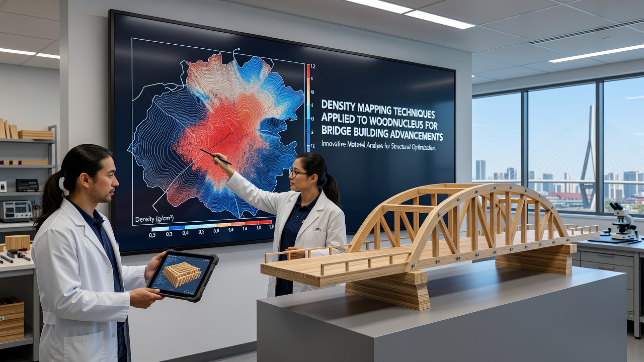 Bridge construction site utilizing woodnucleus beams with overlaid density mapping data visualization