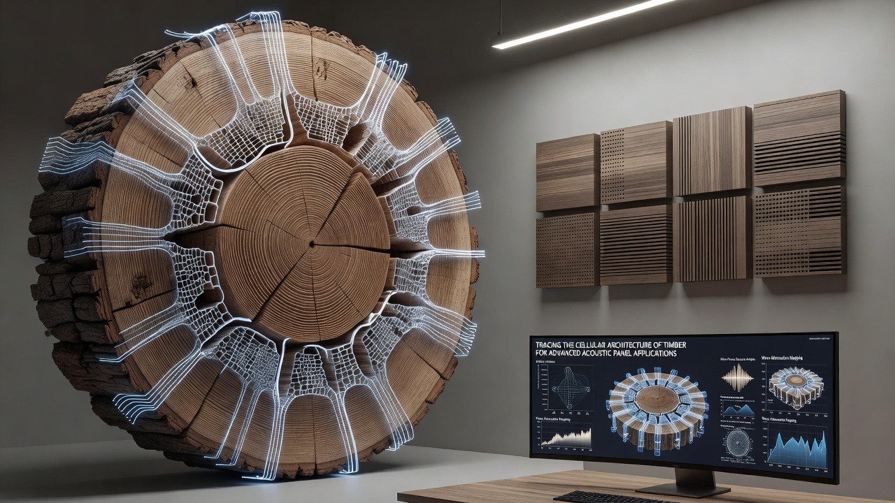 3D tomography rendering of timber cell networks highlighting pore connectivity for acoustic modeling